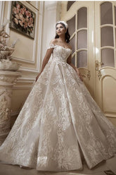 Long Off the Shoulder Appliques Lace Floor Length Church A-Line Wedding Dress