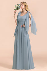 Dusty Blue Sleeveless A-Line Wedding Guest Dress Floor Length Bridesmaid Dress