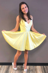 Short Sky Blue A-line V-neck Backless Satin Party Dress