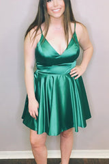 Short Sky Blue A-line V-neck Backless Satin Party Dress