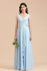Sky Blue Ruffles Straps A-line Beads Long Bridesmaid Dress