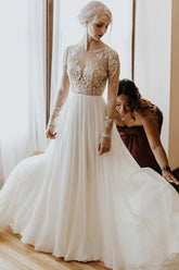 Vintage A-Line Bateau Long Sleeve Appliques Lace Open Back Chiffon Wedding Dress