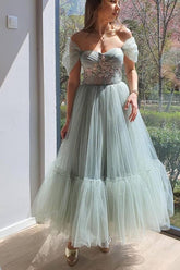 Elegant Off the Shoulder A-Line Sweetheart Appliques Ruffles Tea-length Tulle Party Dress