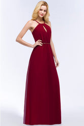 Simple A-Line Chiffon Spaghetti Straps Sleeveless Bridesmaid Dresses with Beading Sash