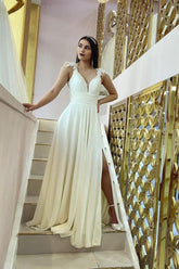 Simple Long A-line V-neck Lace Chiffon Wedding Dress with Slit