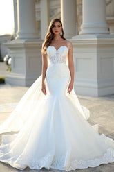 Elegant White Mermaid Sweetheart Tulle Lace Long Wedding Dresses