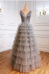 Long A-line V-neck Open Back Sequins Tulle Floor Length Prom Dress