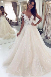 Luxury Long A-line Off the shoulder Tulle Open Back Glitter Wedding Dresses