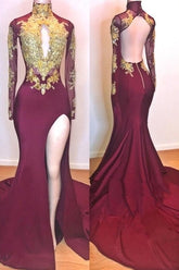 Burgundy Long Mermaid High Neck Gold Appliques Open Back Prom Dress with Slit