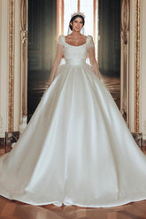 Gorgeous White Long Sleeves Ball Gown Floor length Wedding Dress with Beads