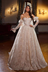 Sweetheart Lace A Line Beads Long Wedding Dress with Gloves
