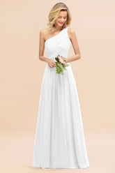 Elegant White A-line Chiffon Ruffles One Shoulder Long Bridesmaid Dress