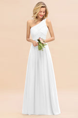 Elegant White A-line Chiffon Ruffles One Shoulder Long Bridesmaid Dress