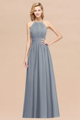 A-line Chiffon Appliques Halter Sleeveless Floor Length Bridesmaid Dresses with Ruffles
