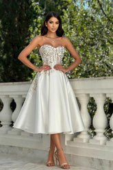 Elegant Short Strapless A Line Satin Tea Length Weddinhg Dress