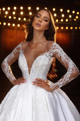 A-line Deep V-Neck Long Sleeve Floor Length Appliques Lace Wedding Dress