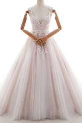 Long V-neck Appliques Lace Spaghetti Strap A-line Wedding Dress
