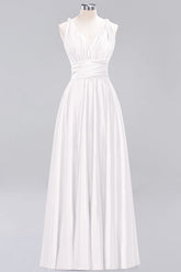 Simple A-Line V-Neck Sleeveless Ruffles Floor Length Bridesmaid Dress