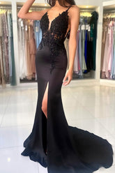 Black Long Mermaid V-neck Backless Satin Lace Formal Prom Dresses with Slit