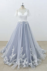 Blue Gray Tulle Long A-line Lace Short Sleeve Beach Wedding Dress