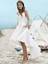 Beach V-neck Spaghetti Straps A-Line High Low Wedding Dress With Pockets