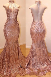 Long High Neck Sleeveless Sequins Mermaid Open Back Prom Dresses