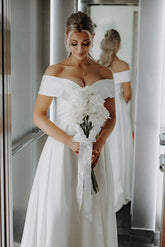 Simple Long Off The Shoulder V-Neck Satin A-Line Wedding Dress with Slit