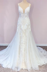 Stunning Long Spaghetti Straps Tulle Sweetheart Appliques Lace A-Line Wedding Dress