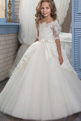 White Long Off The Shoulder Ball Gown Flower Girl Dress with Sleeves