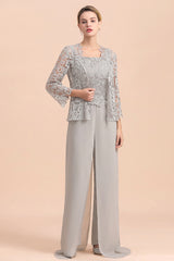 Chic Silver Lace Chiffon Long Sleeves Mother of Bride Jumpsuit With Wrap