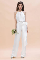 Elegant White Halter Bridesmaid Dress Floor Length Jumpsuit With Bowknot