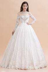 Long Sleeves A-line Lace Beads Tulle Wedding Dress