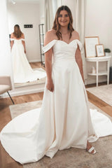 Plus Size Split Front Open Back Off The Shoulder Long A-Line Wedding Dress