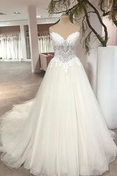 Long A-Line Sweetheart Backless Tulle Appliques Lace Floor Length Wedding Dress