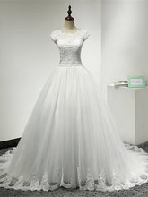Long Ball Gown Scoop Neck Tulle Lace Cap Sleeve Wedding Dresses