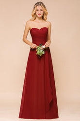 Simple A-Line Strapless Chiffon Backless Floor Length Bridesmaid Dress With Ruched