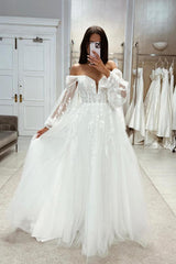 Long A-line Off the Shoulder Tulle Lace Wedding Dresses with Sleeves