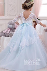 Long Tulle Lace Scoop Neck Ball Gown Flower Girl Dress with Sleeves