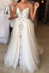 Vintage Ivory V-Neck Long Lace Tulle Mermaid Wedding Dress