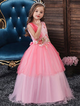 Long A-line Satin Sleeveless Jewel Neck Tulle Flower Girl Dresses For Wedding