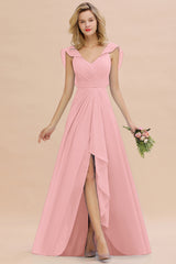 Simple High Low A-line V-Neck Ruffles Chiffon Candy Pink Bridesmaid Dress