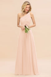Elegant Pearl Pink A-line Chiffon Ruffles One Shoulder Long Bridesmaid Dress