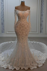 Elegant Strapless Long Sleeve Lace Floor Length Mermaid Wedding Dress