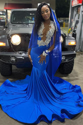 Royal Blue Sleeveless Long Mermaid V-Neck Prom Dress with Beads