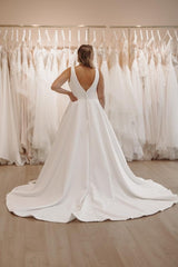 Simple White Plus Size Long Spaghetti Straps V-Neck A-Line Sleeveless Wedding Dress