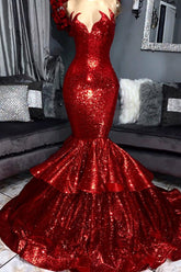 Sparkly Red Long Mermaid Sweetheart Sequin Prom Dress