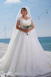 Plus Size Long A-line Off the Shoulder Tulle Lace Wedding Dress with Cap Sleeves