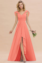 Simple High Low A-line V-Neck Ruffles Chiffon Coral Bridesmaid Dress