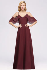 A-line Chiffon V-Neck Spaghetti Straps Sleeveless Floor Length Bridesmaid Dresses with Beading Sash