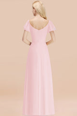 Elegant V Neck Short Sleeves Chiffon A-line Long Blushing Pink Bridesmaid Dress